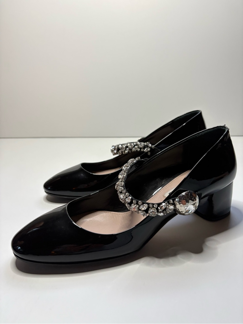 Black Patent Mary Jane Heels with Crystal Strap